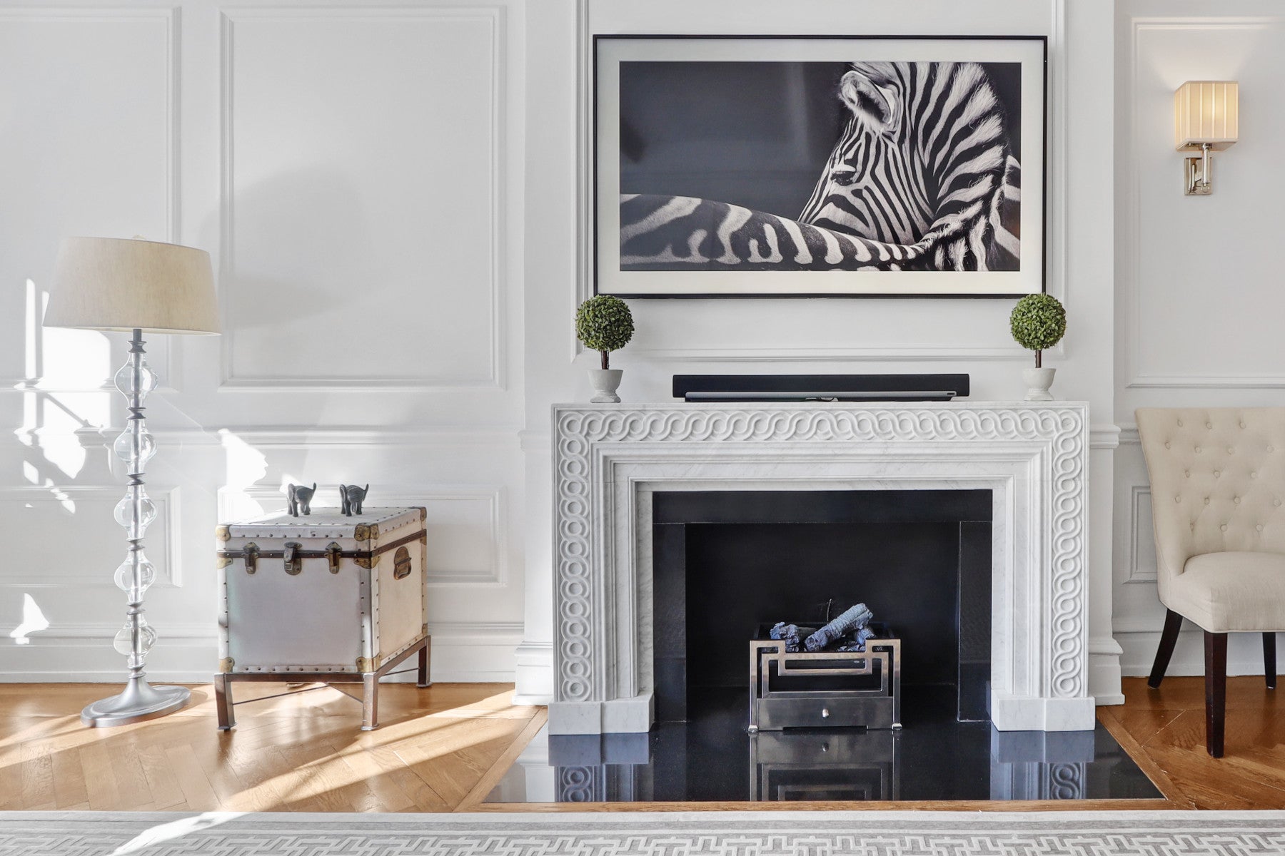 Modern hand-carved marble fireplace mantel surround