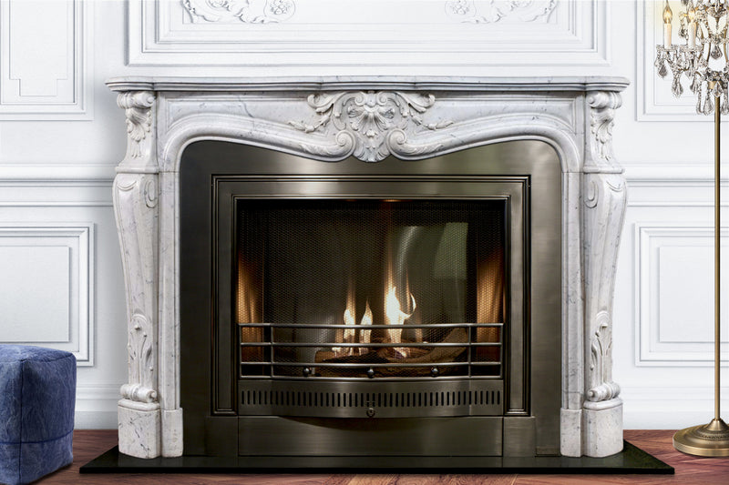 Elise hand-carved marble fireplace mantel by Marmoso