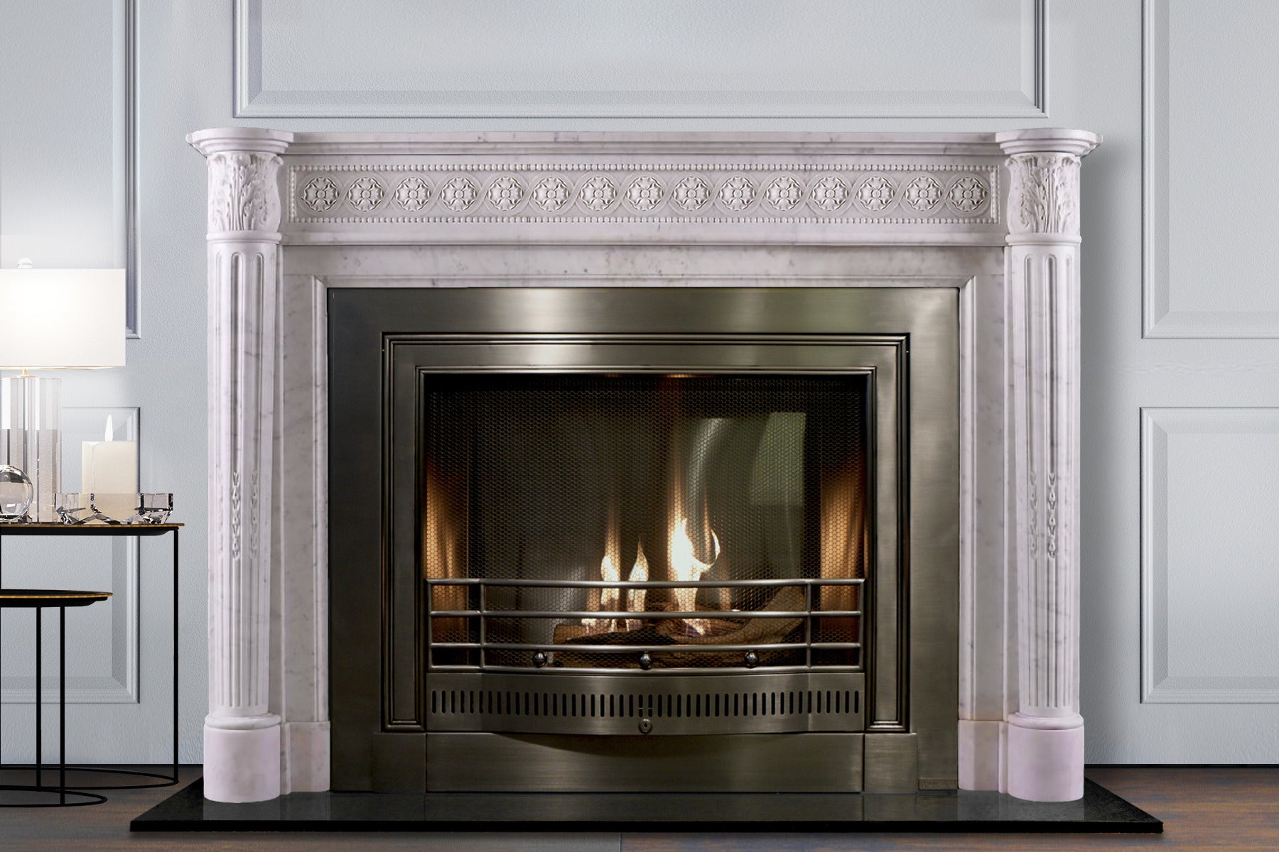 Langham hand-carved marble fireplace mantel by Marmoso
