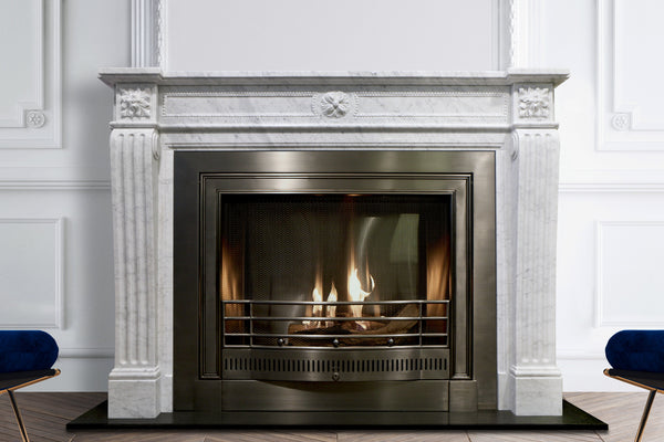 Savoy hand-carved marble fireplace mantel by Marmoso